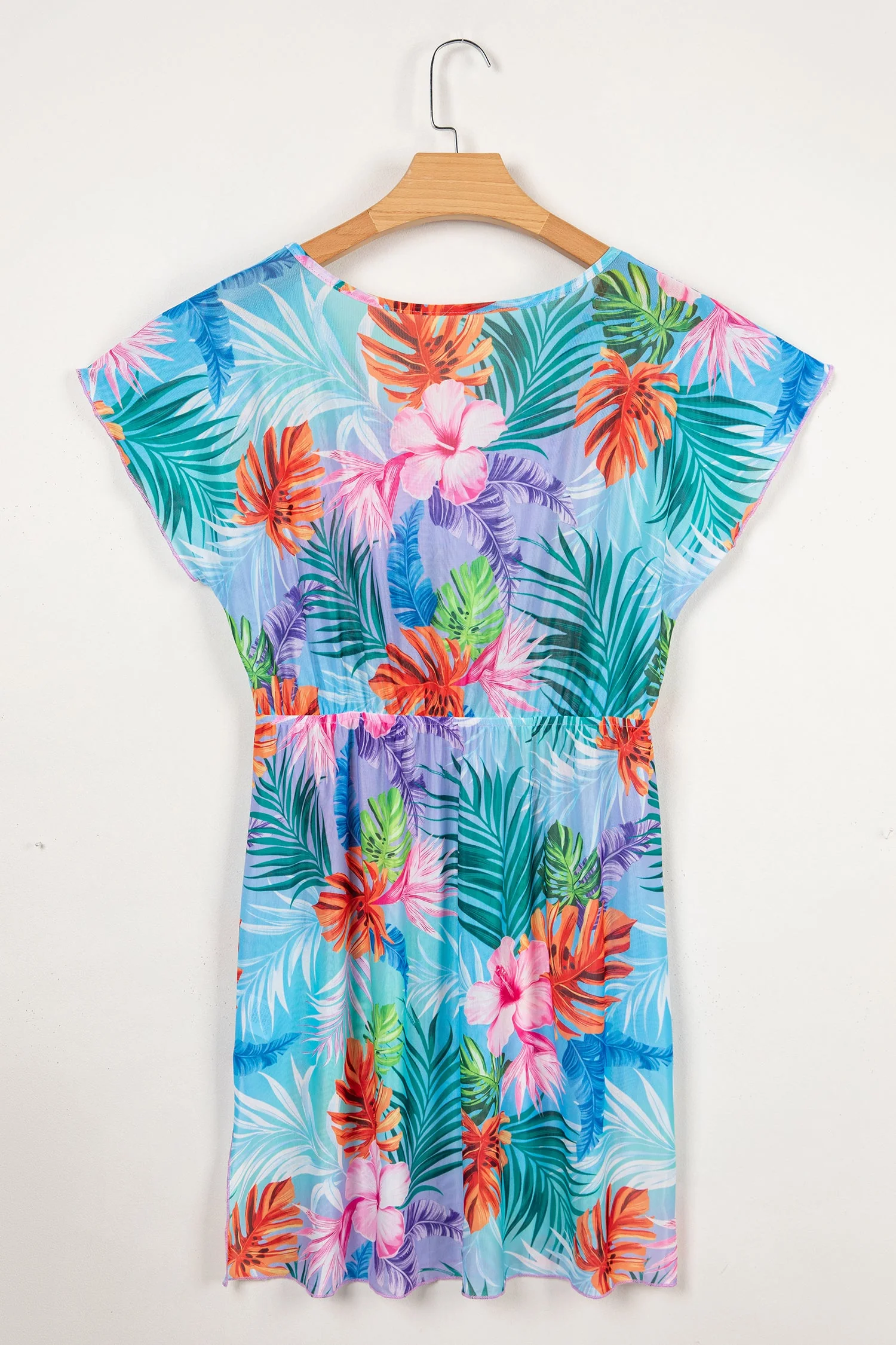 Vestito Copricostume da Spiaggia Semitrasparente con Scollo a V e Stampa Tropicale Celeste - Image 5
