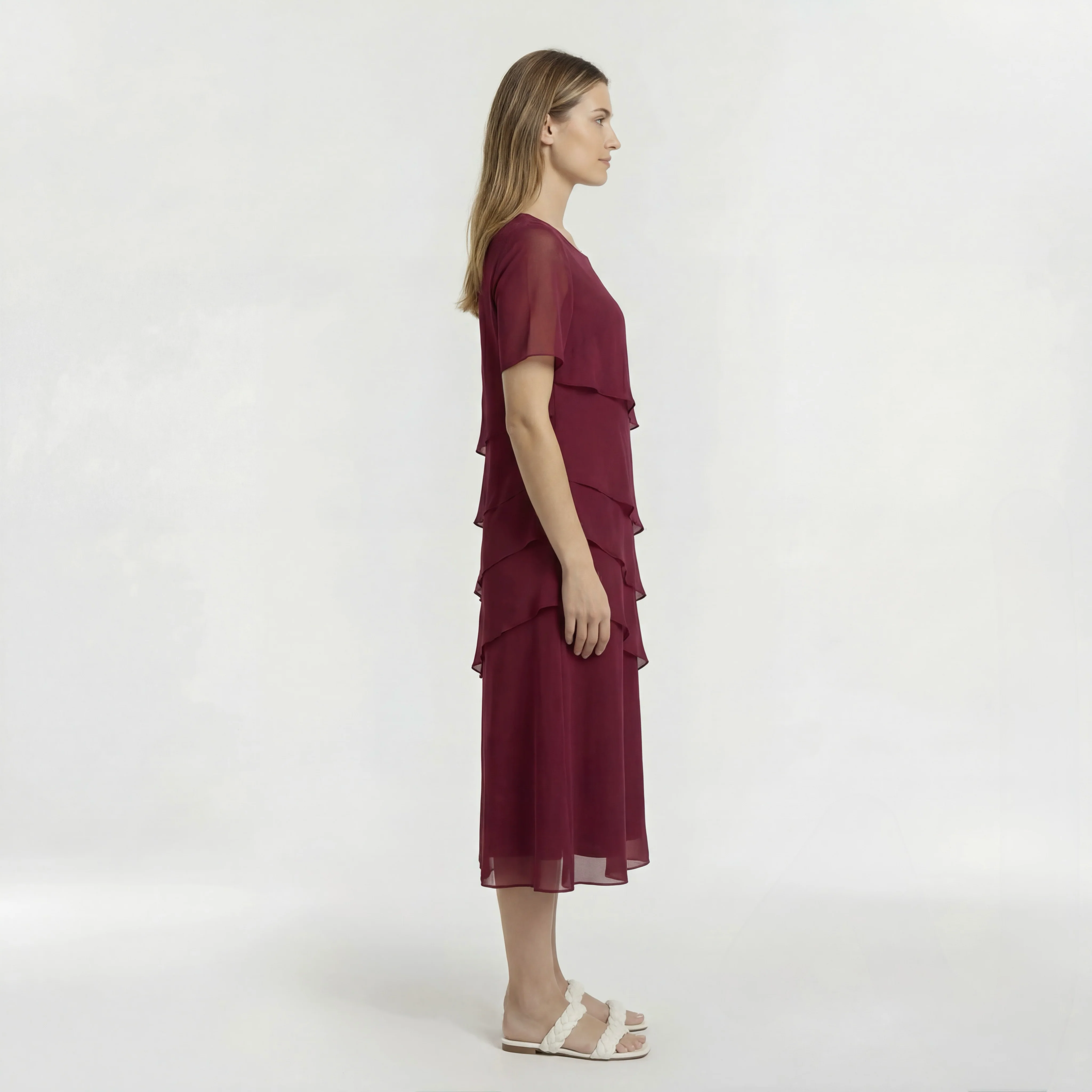 Vestito Donna Elegante Midi Maniche Corte Abito da Cerimonia con Drappeggio - Image 2
