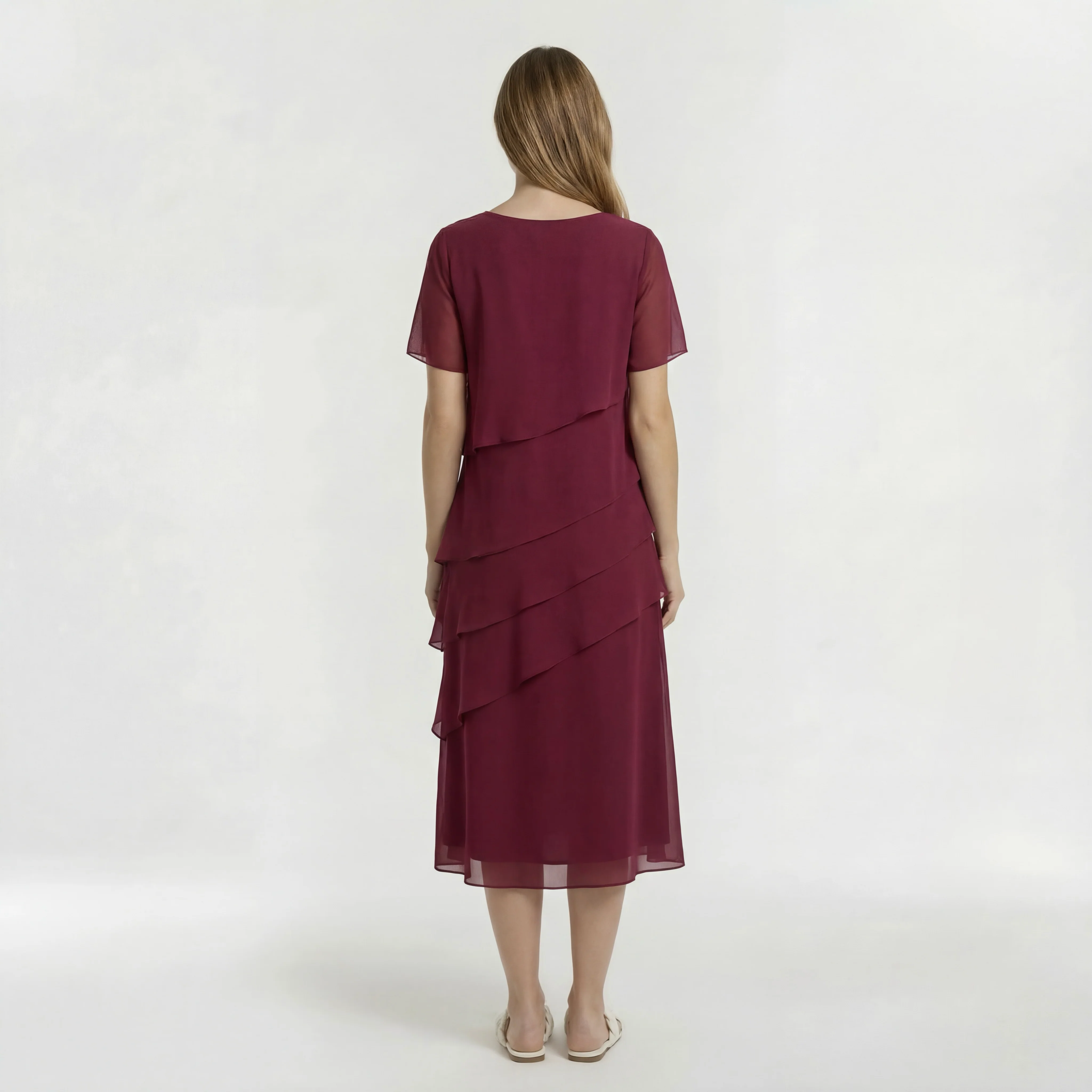 Vestito Donna Elegante Midi Maniche Corte Abito da Cerimonia con Drappeggio - Image 3