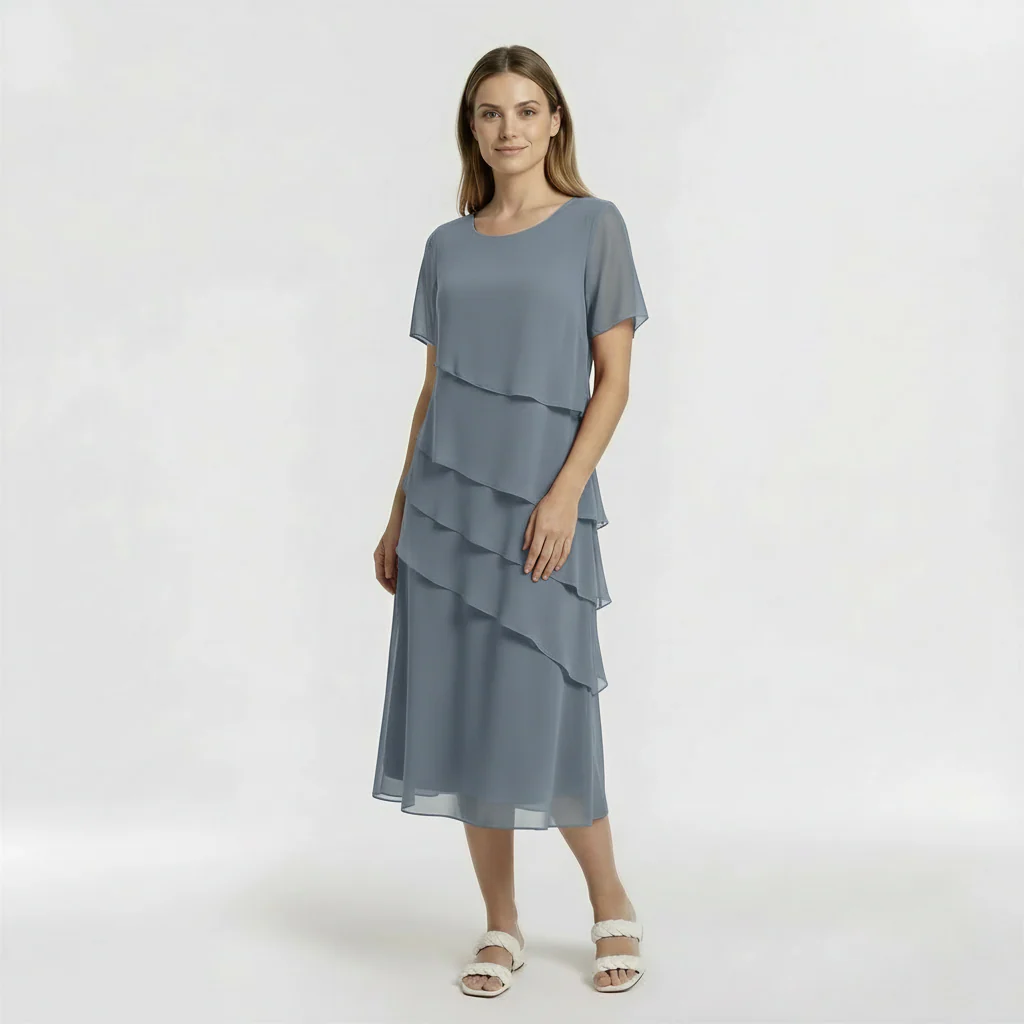 Vestito Donna Elegante Midi Maniche Corte Abito da Cerimonia con Drappeggio - Image 4