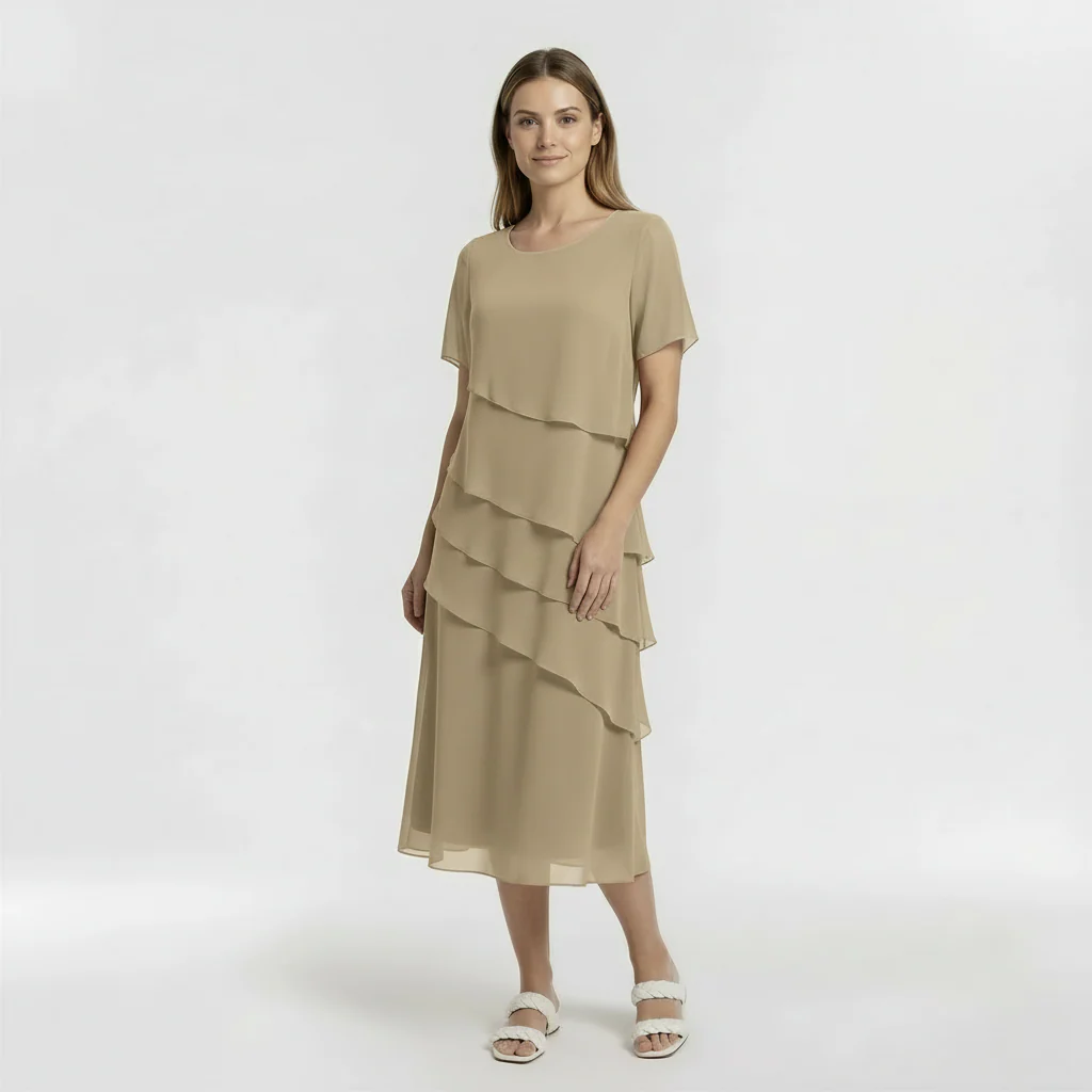 Vestito Donna Elegante Midi Maniche Corte Abito da Cerimonia con Drappeggio - Image 6