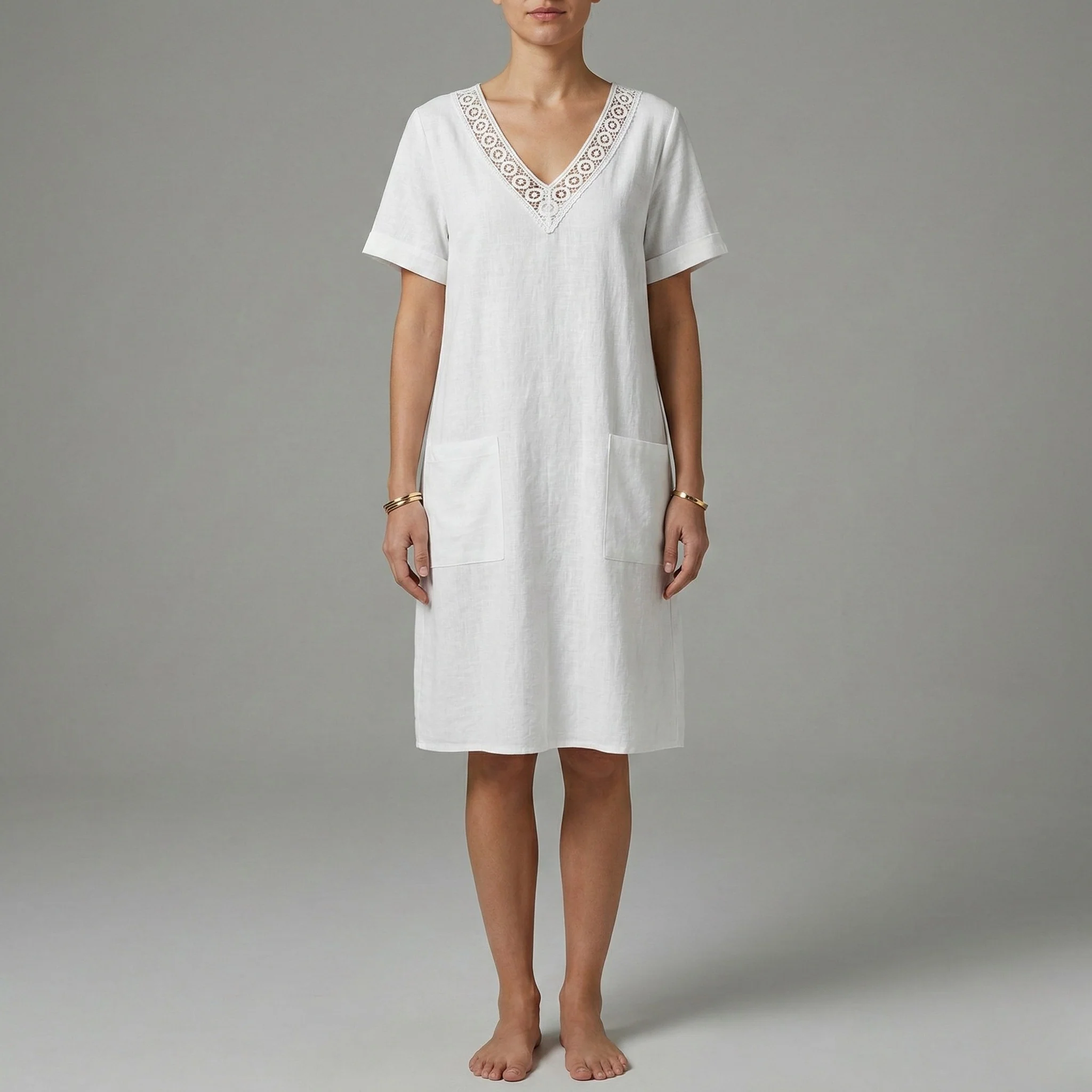 Vestito donna estivo in cotone con scollo a V e tasche manica corta
