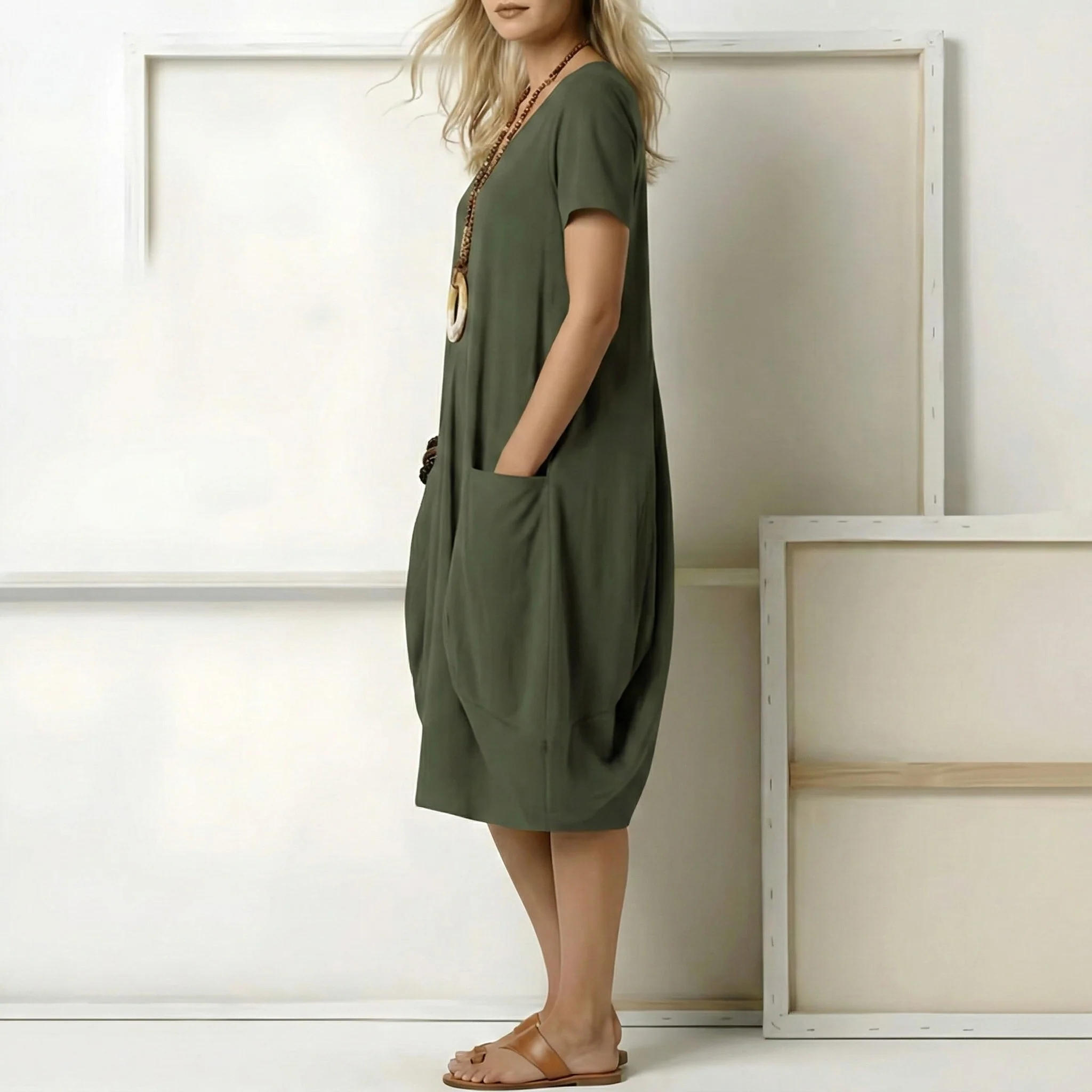 Vestito donna midi manica corta con tasche e scollo a V casual - Image 2